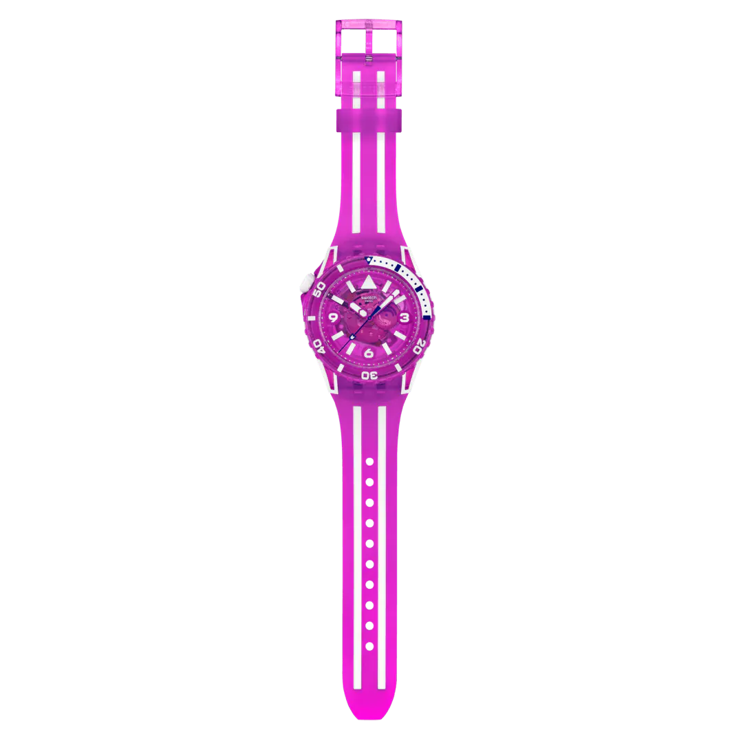 Swatch Scubacqua SSCU09P100 Flower Hat – vista frontale, quadrante rosa trasparente