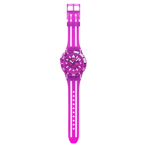 Swatch Scubacqua SSCU09P100 Flower Hat – vista frontale, quadrante rosa trasparente