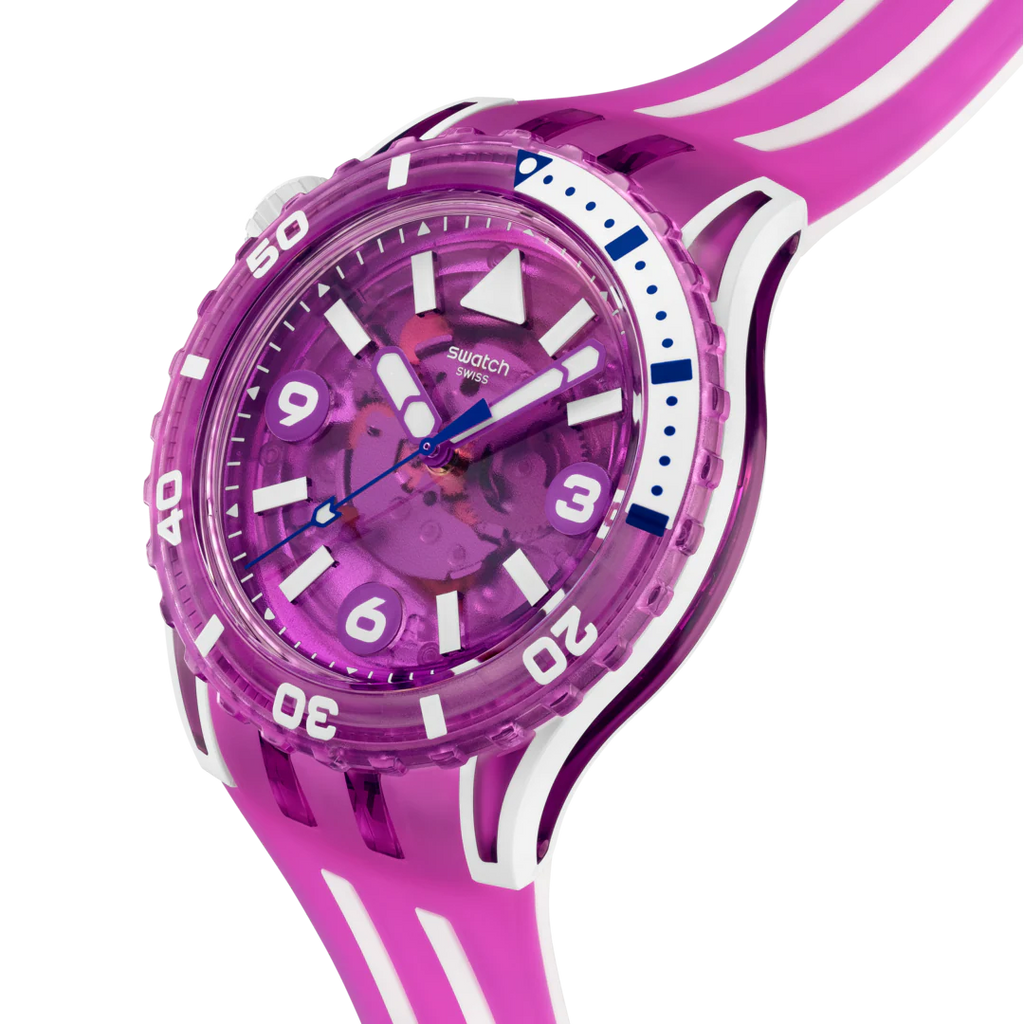 Swatch Scubacqua SSCU09P100 Flower Hat – vista laterale, cassa Bioceramic bianca