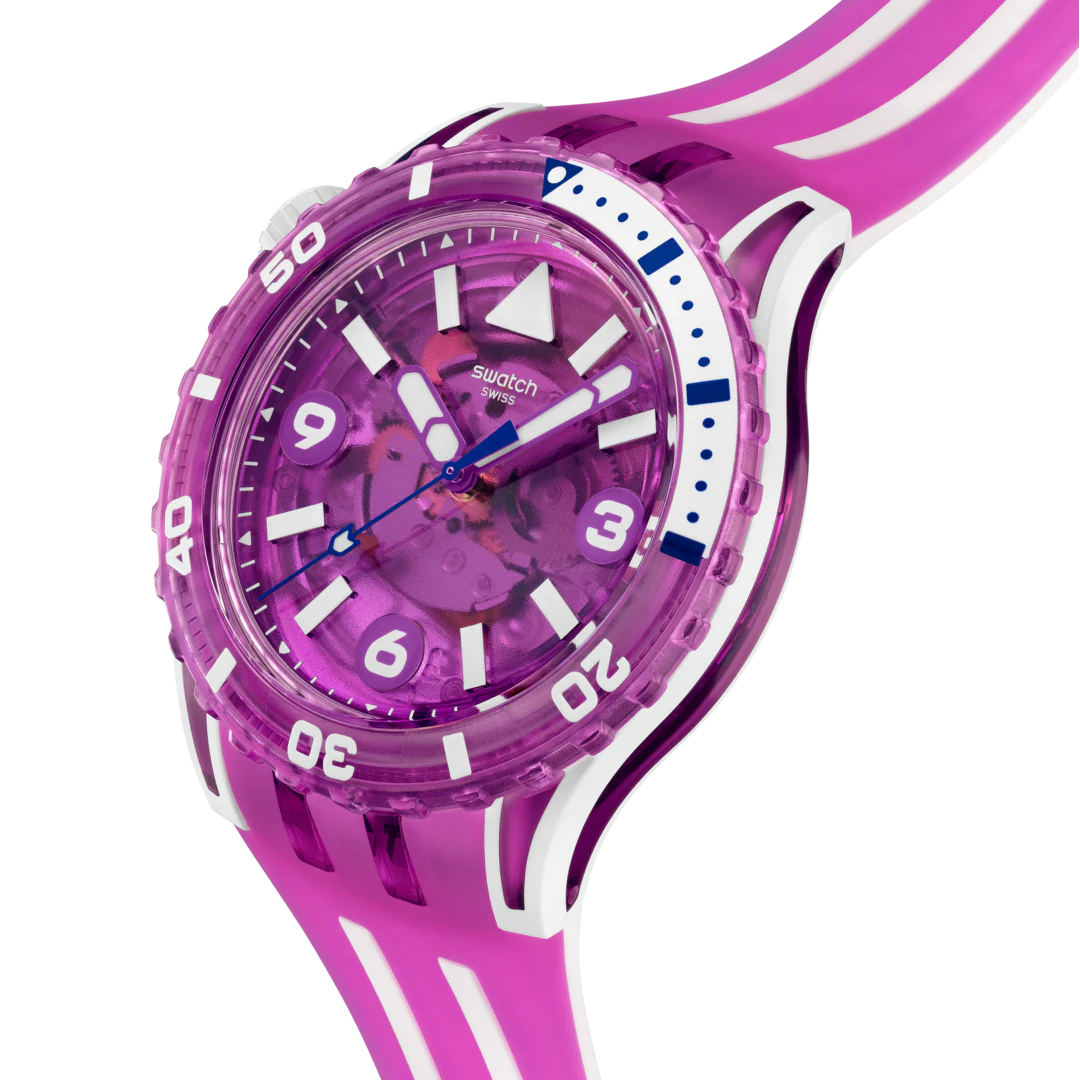 Swatch Scubacqua SSCU09P100 Flower Hat – vista laterale, cassa Bioceramic bianca