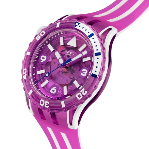Swatch Scubacqua SSCU09P100 Flower Hat – vista laterale, cassa Bioceramic bianca