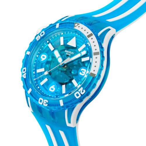 Swatch Scubacqua SSCU09S100 Blue Fire – Vista laterale 280°, lunetta girevole luminescente blu – SWATCH