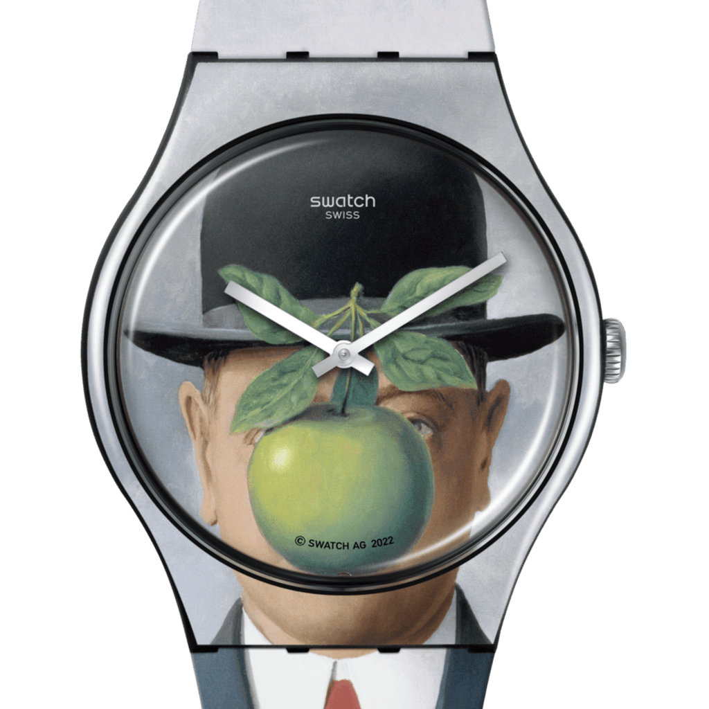 Swatch SUOZ350 Le Fils de l'Homme – Dettaglio quadrante ispirato al capolavoro surrealista di René Magritte – SWATCH