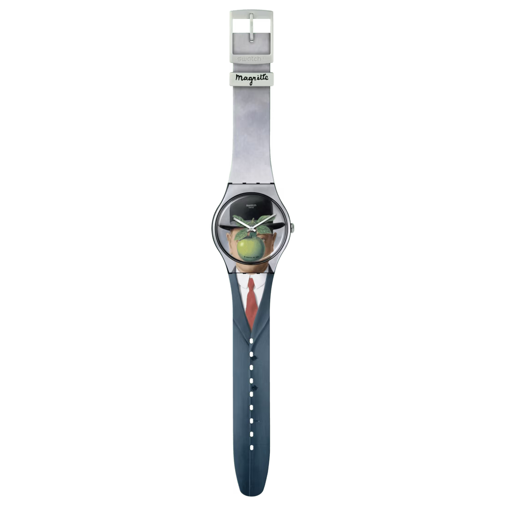 Swatch New Gent SUOZ350 Le Fils de l'Homme by René Magritte – Orologio edizione speciale arte surrealista, vista frontale – CICCO Gioielleria