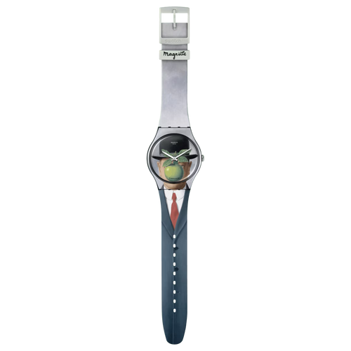 Swatch New Gent SUOZ350 Le Fils de l'Homme by René Magritte – Orologio edizione speciale arte surrealista, vista frontale – CICCO Gioielleria