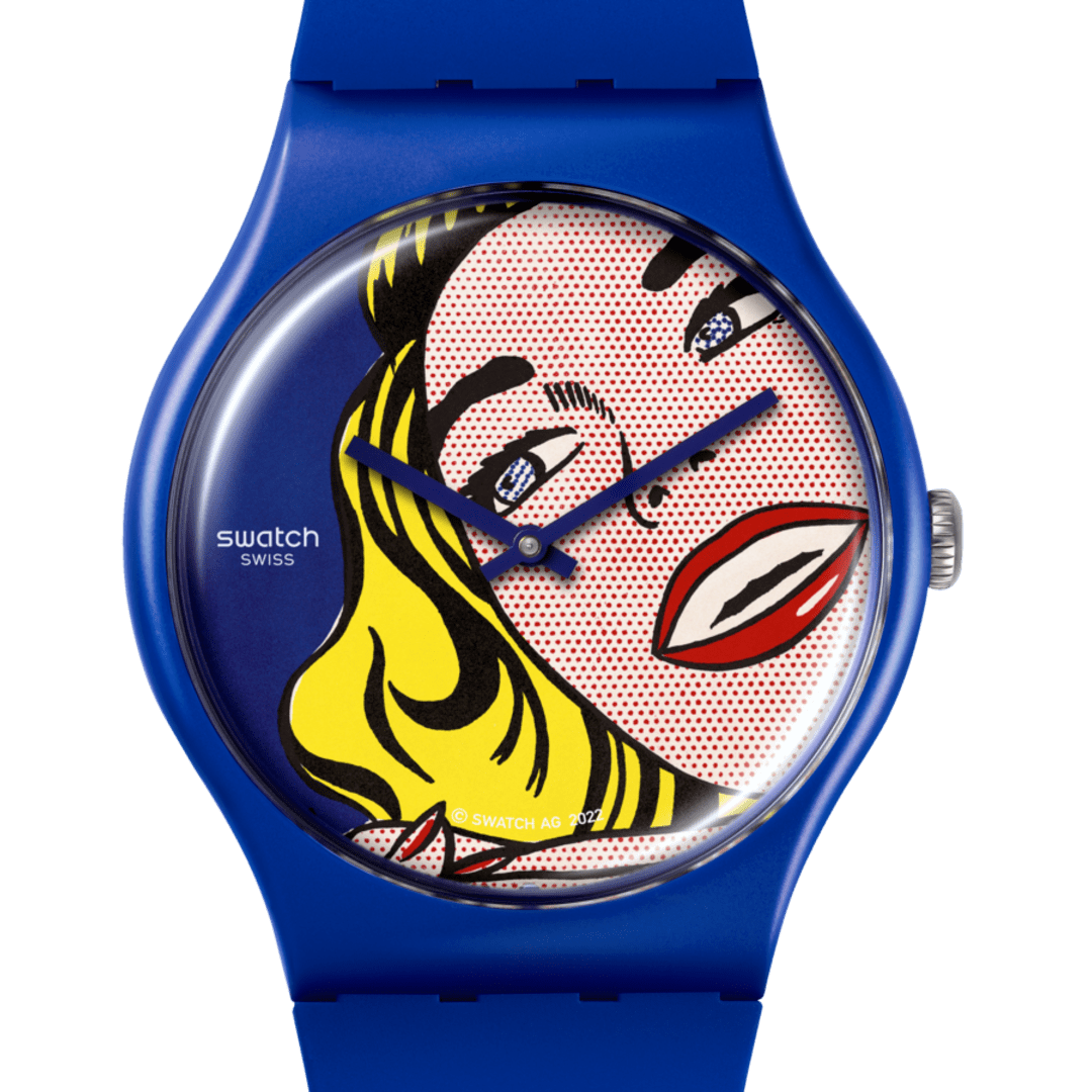 Swatch SUOZ352 – Dettaglio quadrante Pop Art Roy Lichtenstein con retinato Ben-Day e colori primari