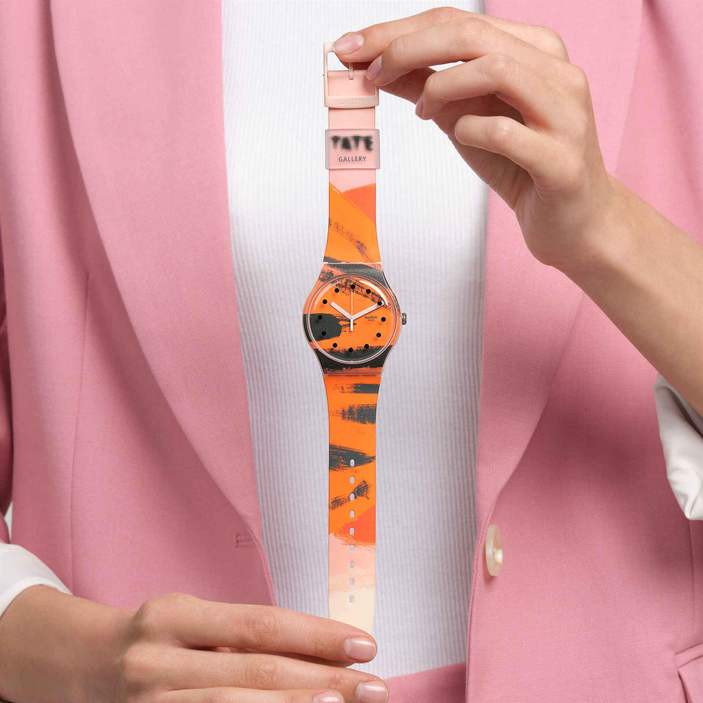 Swatch SUOZ362 Barns-Graham's Orange and Red on Pink – Vista angolata con cinturino – SWATCH
