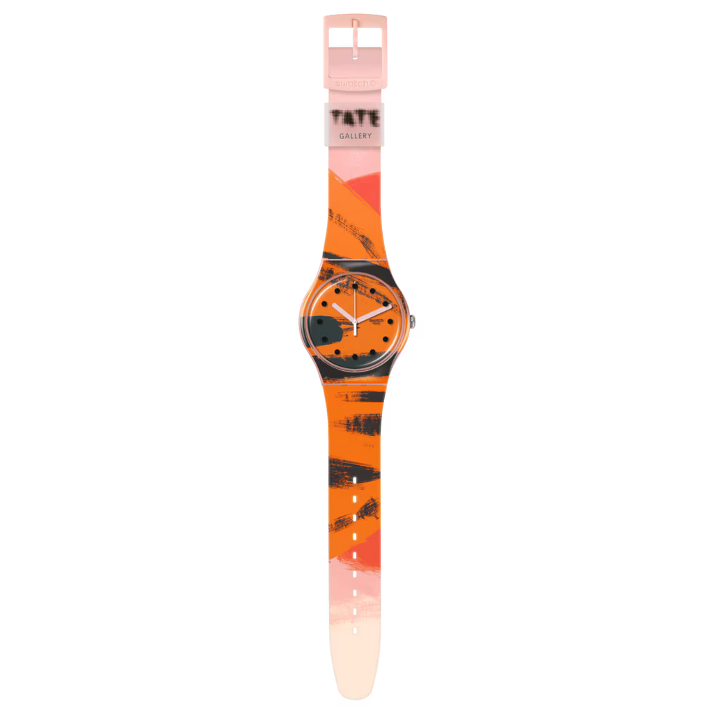 Swatch New Gent SUOZ362 Barns-Graham's Orange and Red on Pink – Orologio edizione speciale arte, vista frontale – CICCO Gioielleria