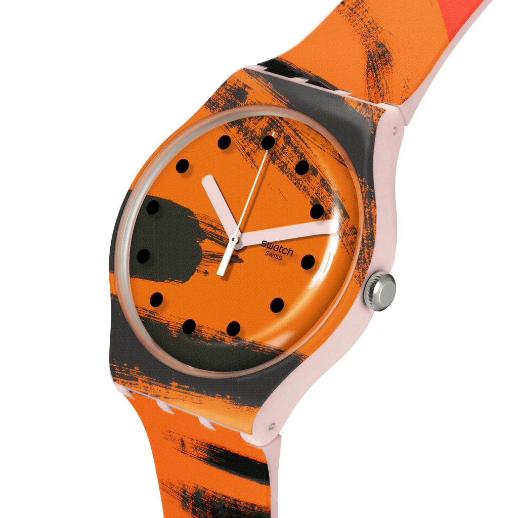 Swatch SUOZ362 Barns-Graham's Orange and Red on Pink – Dettaglio quadrante ispirato all'opera di Wilhelmina Barns-Graham – SWATCH