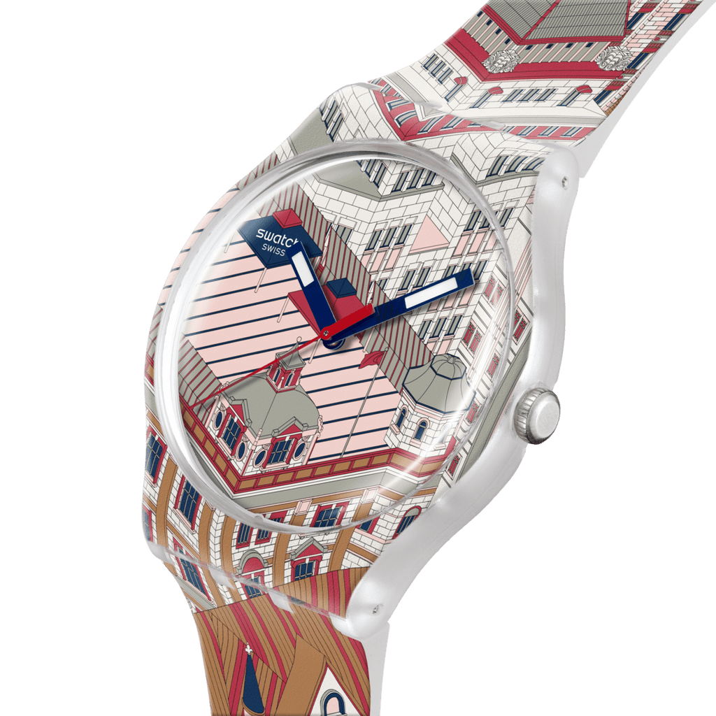 Swatch SUOZ371 Bund-Astic – Dettaglio quadrante trasparente multicolore