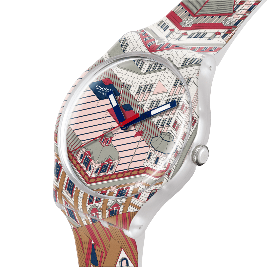Swatch SUOZ371 Bund-Astic – Dettaglio quadrante trasparente multicolore