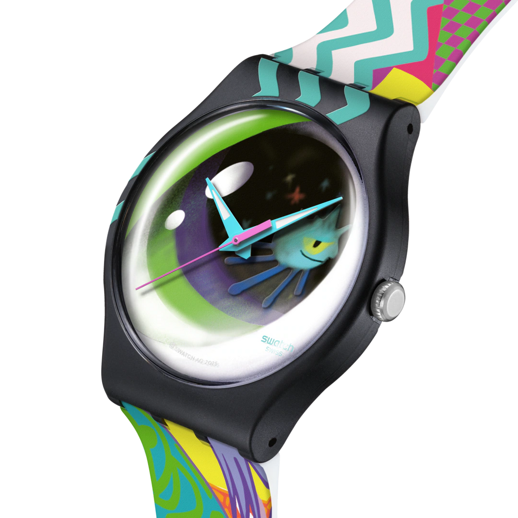 Swatch SUOZ372 Street Eye – Dettaglio quadrante multicolore turchese