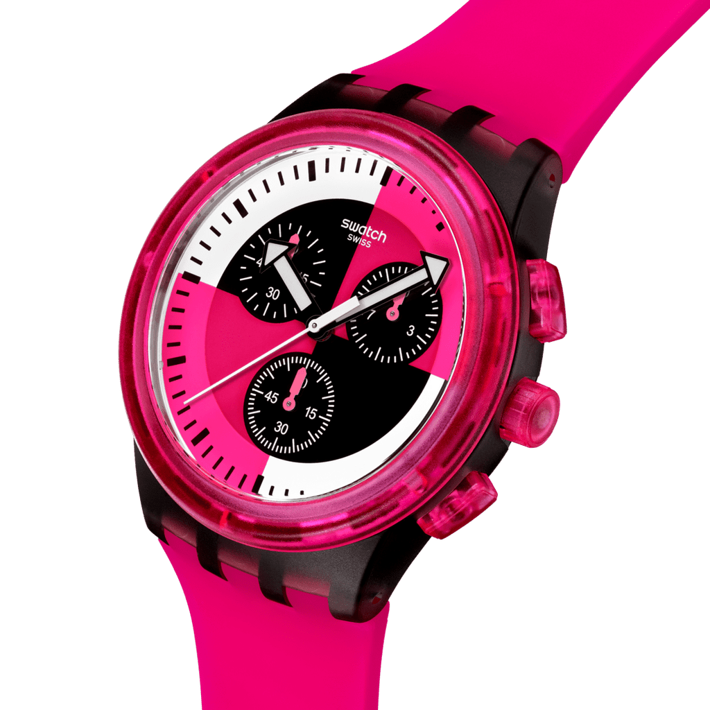 Orologio Swatch FUCHSIA LINES SUSB110 – Vista laterale – Chrono Bioceramic da Cicco Gioielleria