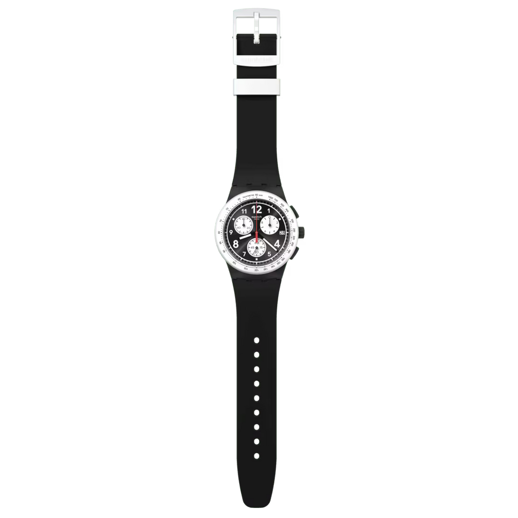 Swatch Bioceramic Chrono SUSB420 Nothing Basic About Black – Cronografo total black, vista frontale su sfondo bianco – CICCO Gioielleria