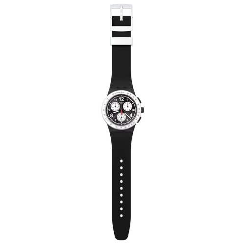Swatch Bioceramic Chrono SUSB420 Nothing Basic About Black – Cronografo total black, vista frontale su sfondo bianco – CICCO Gioielleria