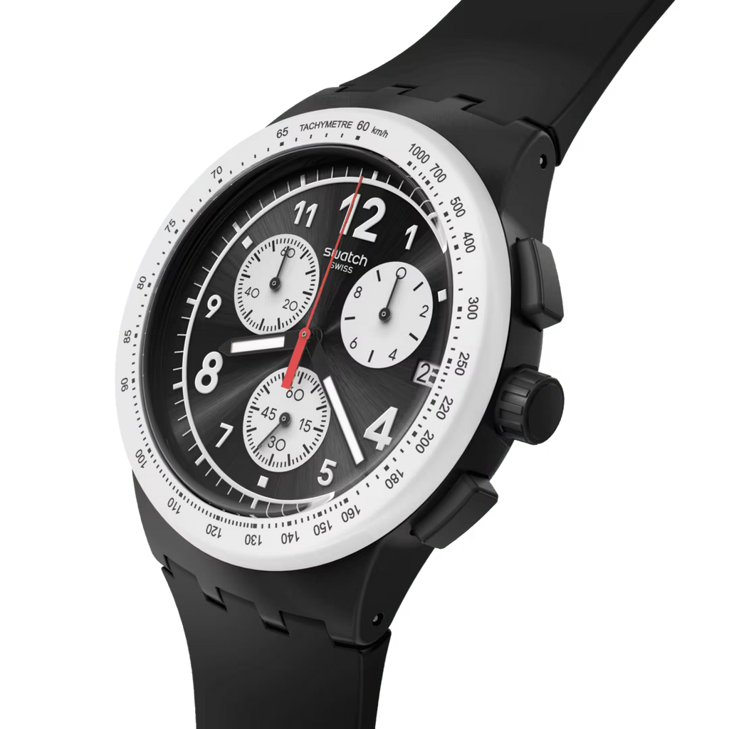 Swatch Bioceramic Chrono SUSB420 Nothing Basic About Black – Vista frontale con cinturino alternativo – SWATCH