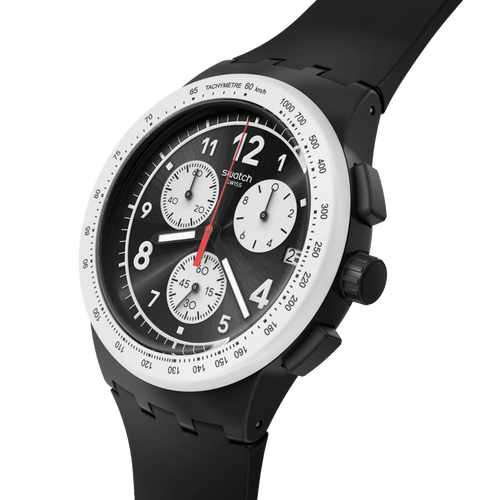 Swatch Bioceramic Chrono SUSB420 Nothing Basic About Black – Vista frontale con cinturino alternativo – SWATCH
