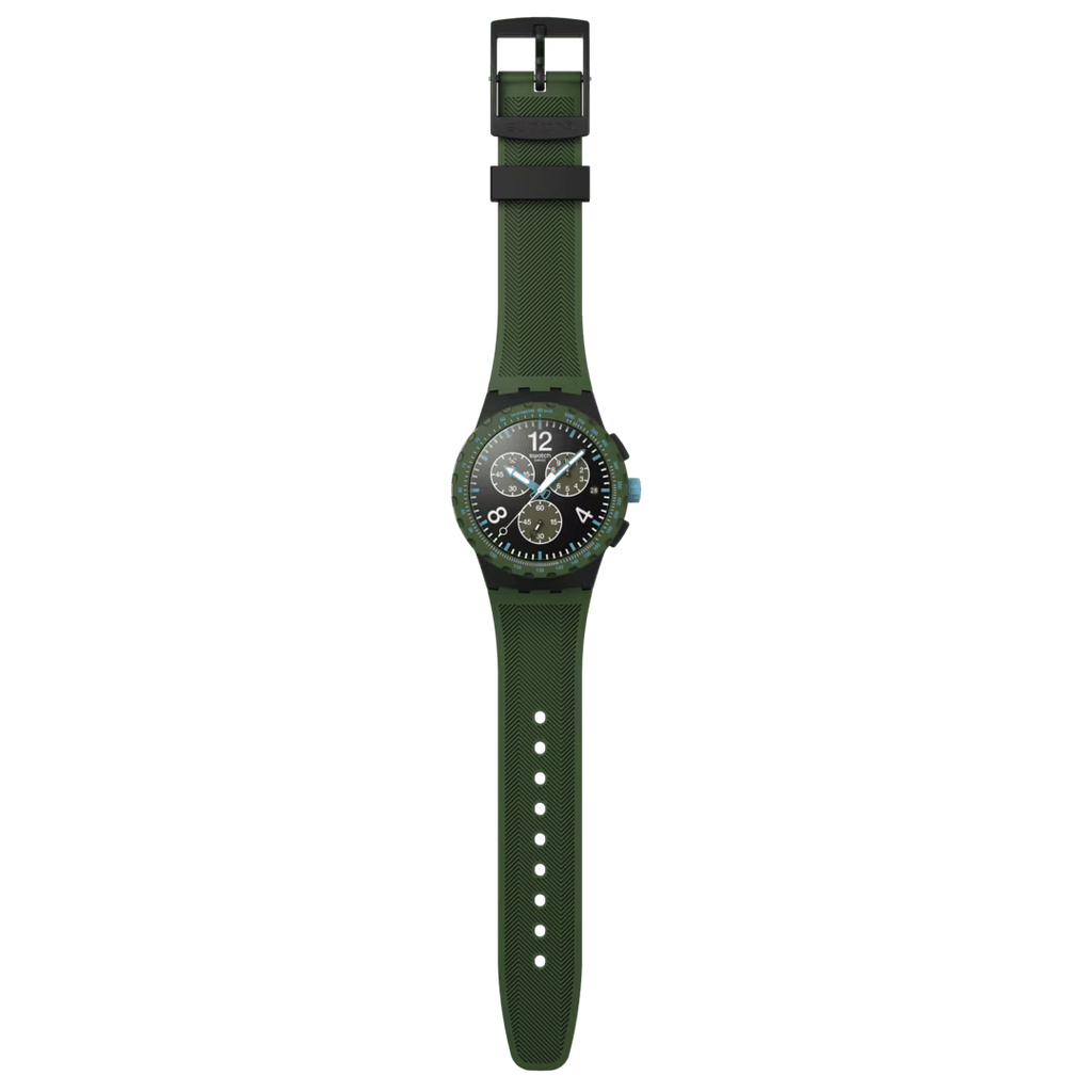 Swatch Bioceramic Chrono SUST402 Olive Rush – Cronografo verde oliva Bioceramic, vista frontale su sfondo bianco – CICCO Gioielleria