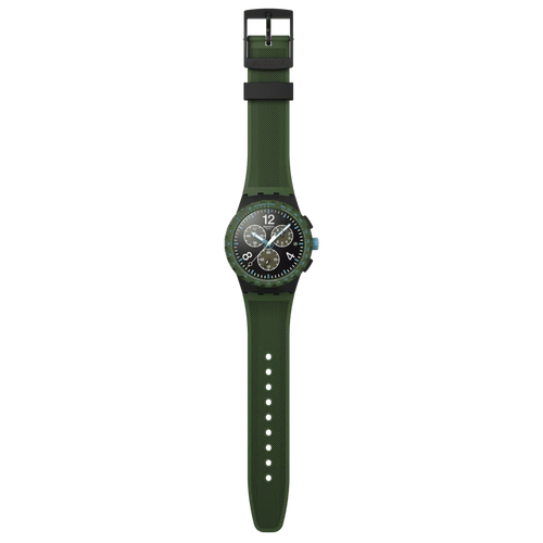 Swatch Bioceramic Chrono SUST402 Olive Rush – Cronografo verde oliva Bioceramic, vista frontale su sfondo bianco – CICCO Gioielleria