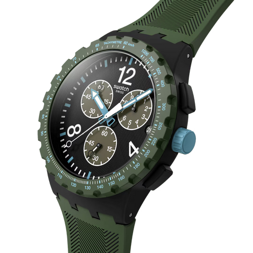 Swatch Bioceramic Chrono SUST402 Olive Rush – Vista frontale con cinturino alternativo – SWATCH