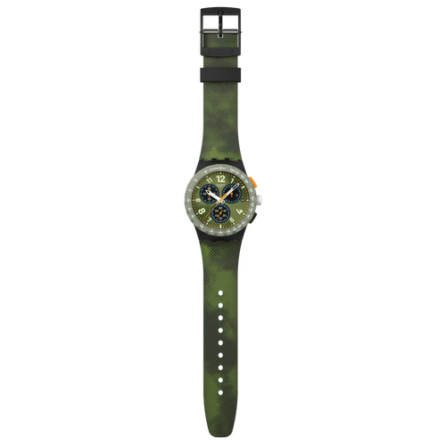 Swatch Bioceramic Chrono SUSB423 Midday Camo – Cronografo mimetico blu diurno, vista frontale su sfondo bianco – CICCO Gioielleria