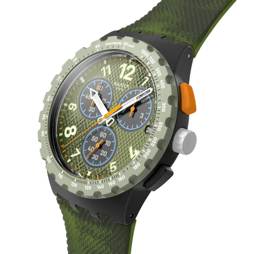Swatch Bioceramic Chrono SUSB423 Midday Camo – Vista frontale con cinturino alternativo – SWATCH
