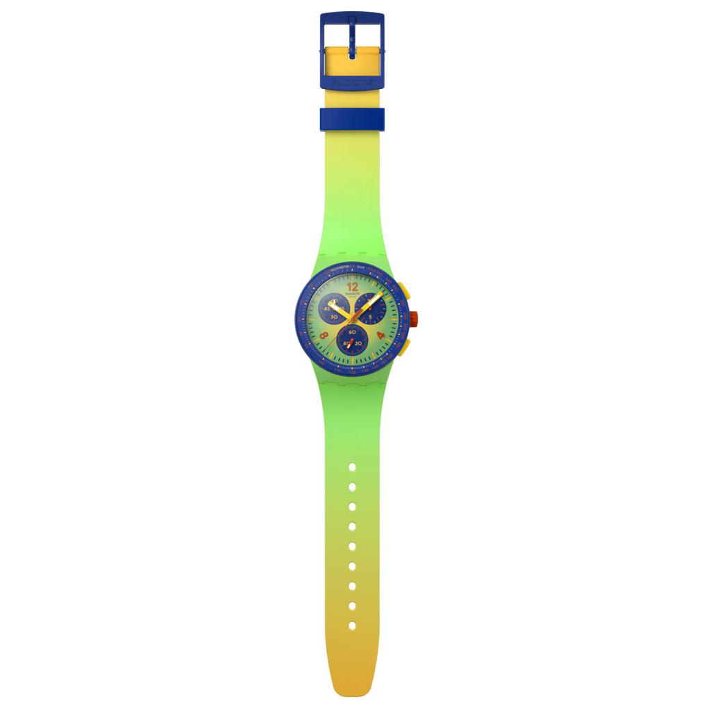 Swatch Bioceramic Chrono SUSG101 Flowing Freshly – Cronografo verde fresco, vista frontale su sfondo bianco – CICCO Gioielleria