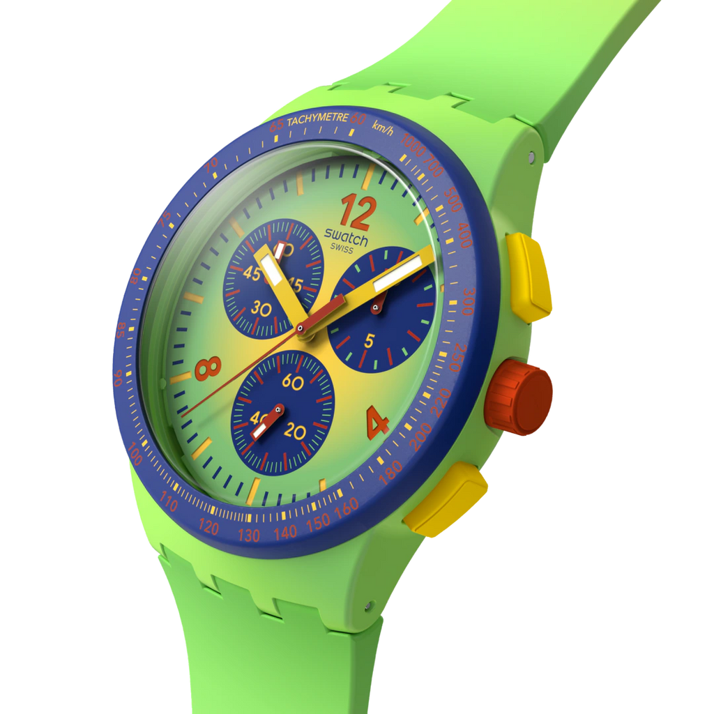 Swatch Bioceramic Chrono SUSG101 Flowing Freshly – Vista frontale con cinturino alternativo – SWATCH