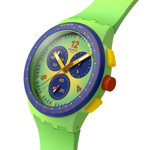 Swatch Bioceramic Chrono SUSG101 Flowing Freshly – Vista frontale con cinturino alternativo – SWATCH
