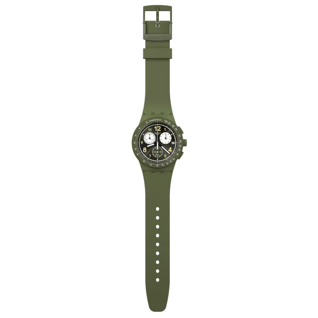 Swatch Bioceramic Chrono SUSG400 Nothing Basic About Green – Cronografo verde Bioceramic, vista frontale su sfondo bianco – CICCO Gioielleria