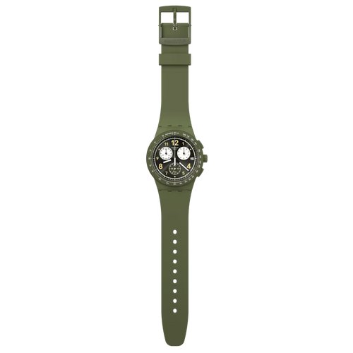 Swatch Bioceramic Chrono SUSG400 Nothing Basic About Green – Cronografo verde Bioceramic, vista frontale su sfondo bianco – CICCO Gioielleria
