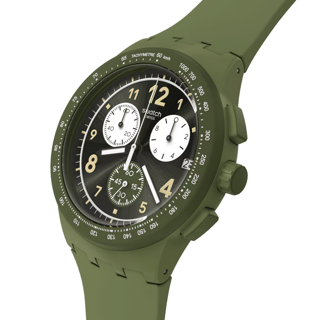Swatch Bioceramic Chrono SUSG400 Nothing Basic About Green – Vista frontale con cinturino alternativo – SWATCH