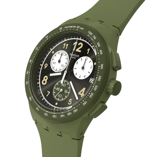 Swatch Bioceramic Chrono SUSG400 Nothing Basic About Green – Vista frontale con cinturino alternativo – SWATCH