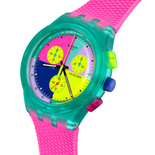 Quadrante multicolore Swatch Neon Flash Arrow SUSG408 – Scala tachimetrica, lancette fosforescenti e secondi gialli – SWATCH