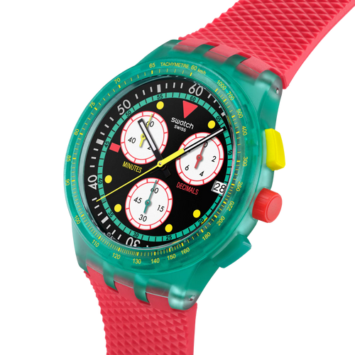 Quadrante multicolore Swatch Neon Emerald SUSG409 – Lancette fosforescenti e secondi gialli a contrasto – SWATCH