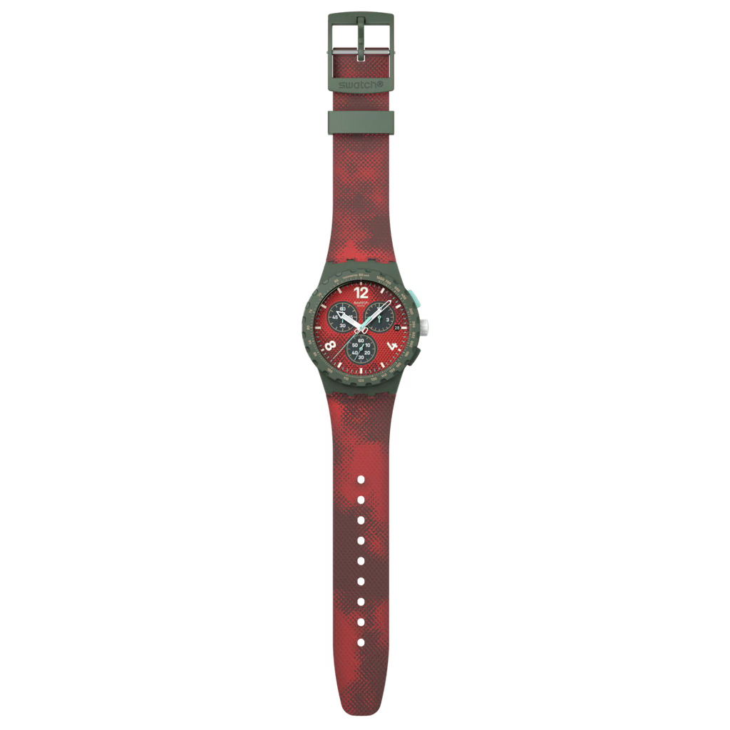 Swatch Bioceramic Chrono SUSG410 Crimson Foliage – Cronografo rosso fogliame, vista frontale su sfondo bianco – CICCO Gioielleria