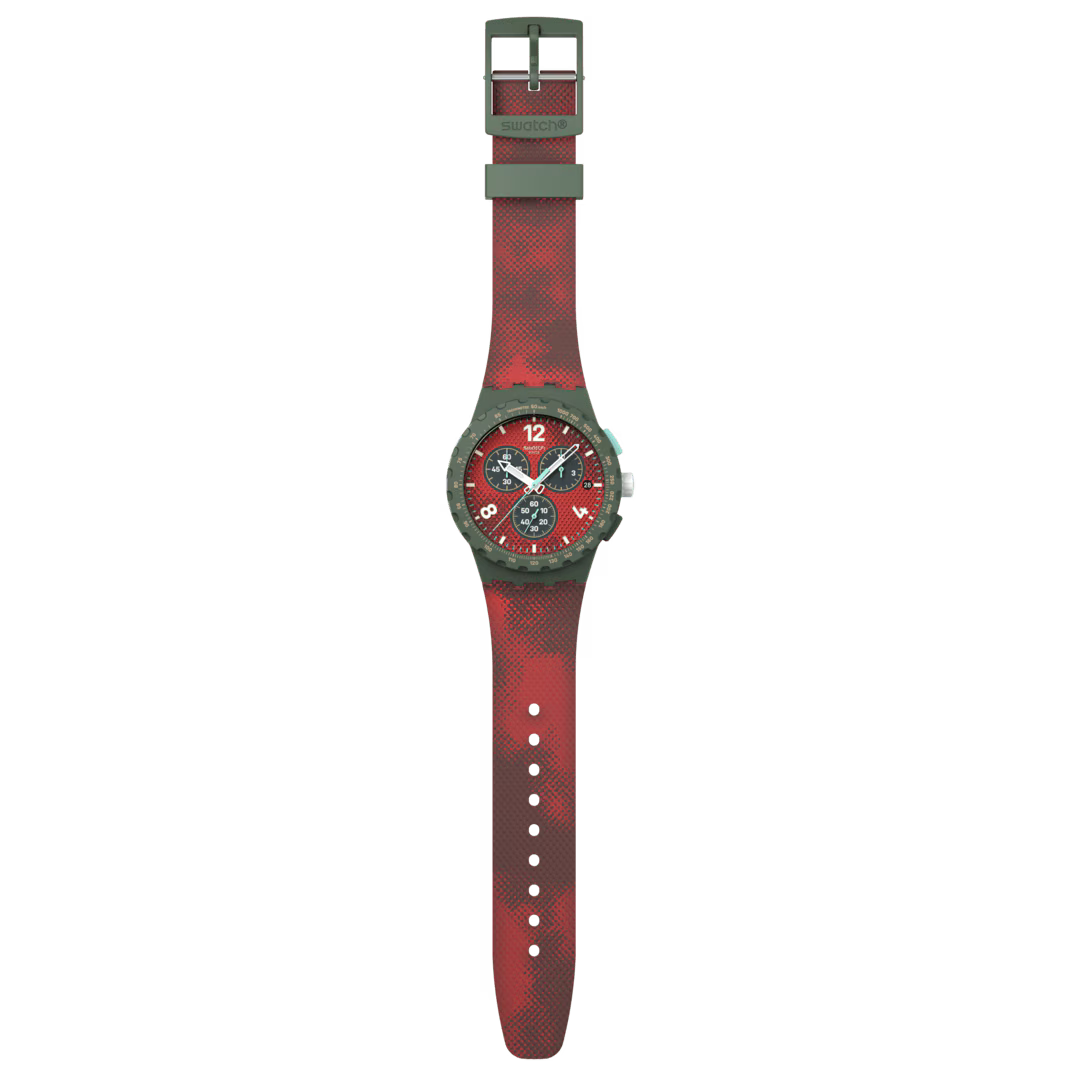 Swatch Bioceramic Chrono SUSG410 Crimson Foliage – Cronografo rosso fogliame, vista frontale su sfondo bianco – CICCO Gioielleria
