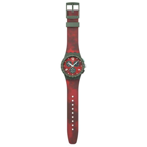 Swatch Bioceramic Chrono SUSG410 Crimson Foliage – Cronografo rosso fogliame, vista frontale su sfondo bianco – CICCO Gioielleria