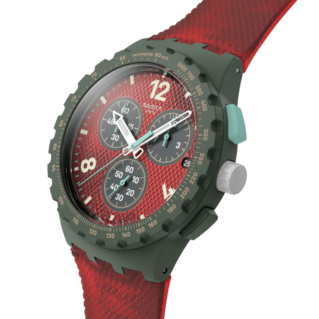 Swatch Bioceramic Chrono SUSG410 Crimson Foliage – Vista frontale con cinturino alternativo – SWATCH