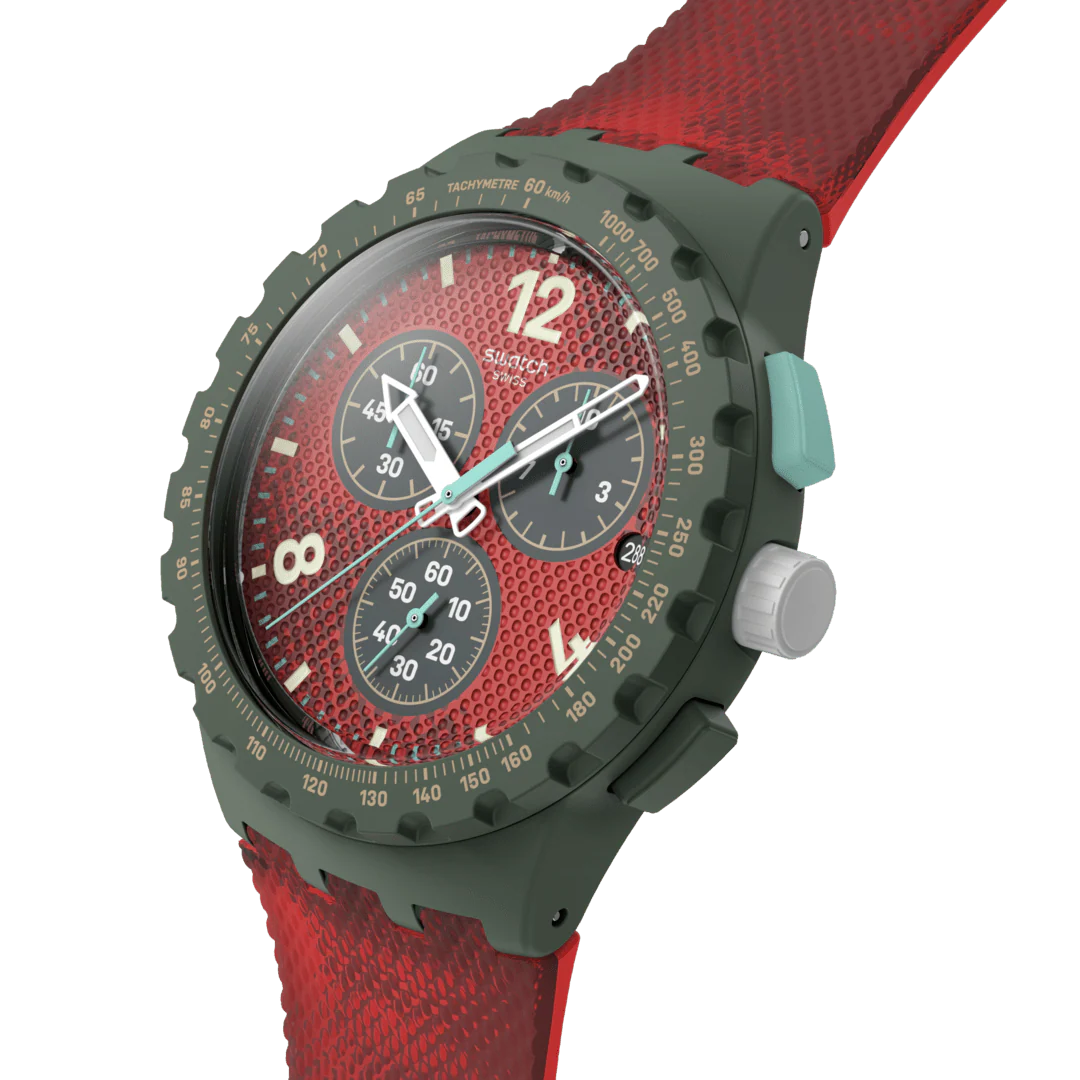 Swatch Bioceramic Chrono SUSG410 Crimson Foliage – Vista frontale con cinturino alternativo – SWATCH