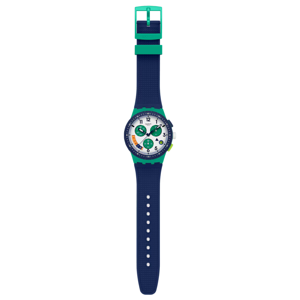 Swatch SUSG412 – Cronografo verde e blu con scala tachimetrica su sfondo neutro