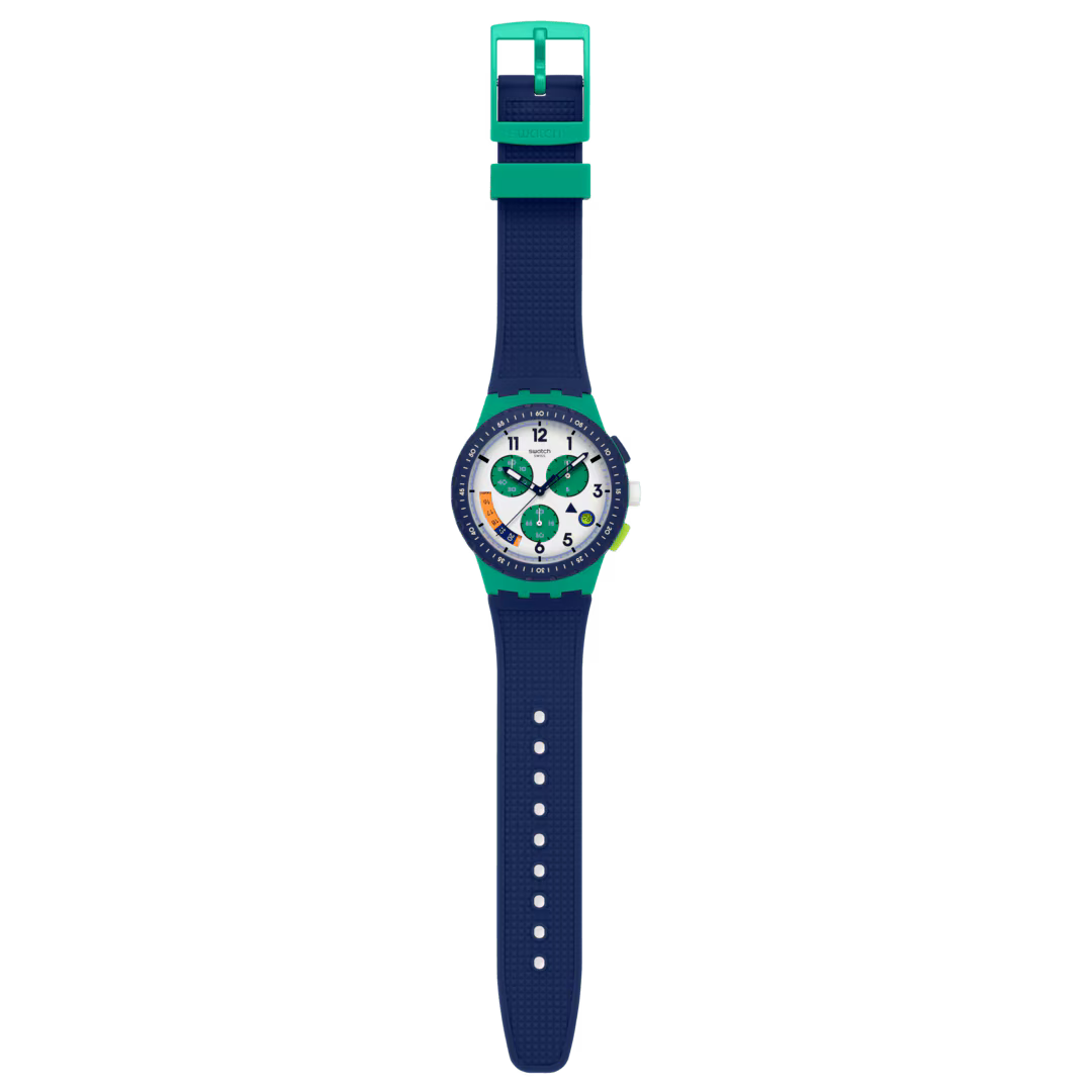 Swatch SUSG412 – Cronografo verde e blu con scala tachimetrica su sfondo neutro