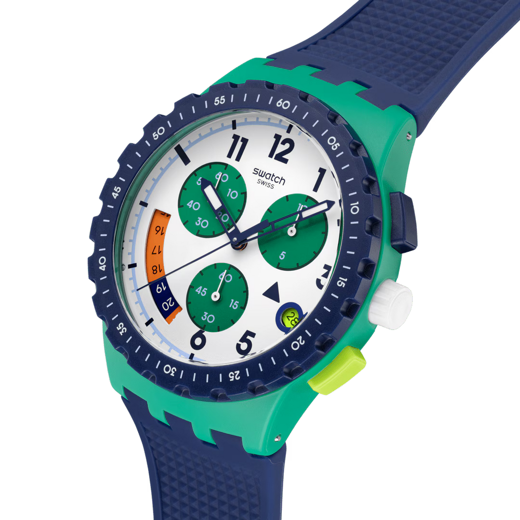 Swatch SUSG412 – Vista laterale – Cassa verde con lunetta blu e pulsanti bicolore