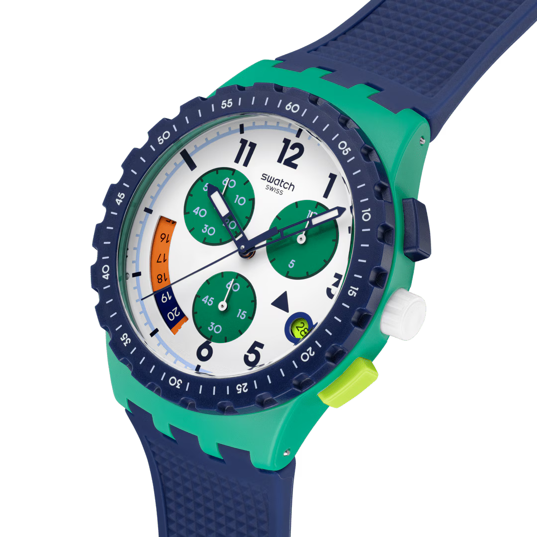 Swatch SUSG412 – Vista laterale – Cassa verde con lunetta blu e pulsanti bicolore