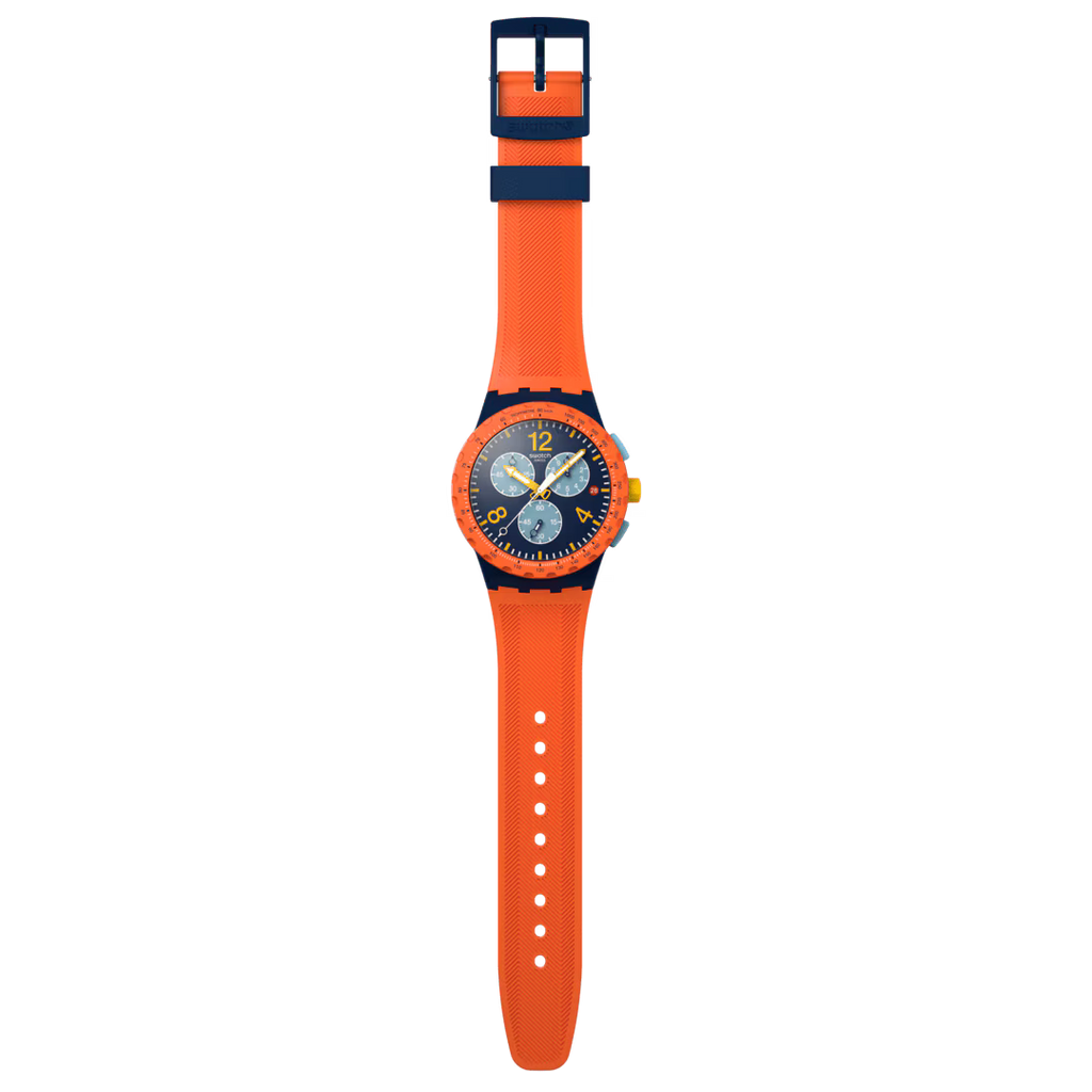 Swatch Bioceramic Chrono SUSI400 Camo Flash – Cronografo mimetico, vista frontale su sfondo bianco – CICCO Gioielleria