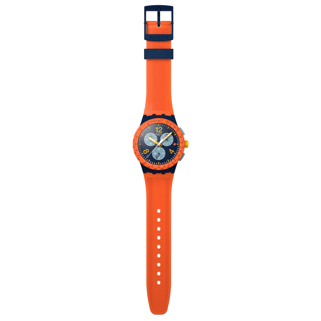 Swatch Bioceramic Chrono SUSI400 Camo Flash – Cronografo mimetico, vista frontale su sfondo bianco – CICCO Gioielleria