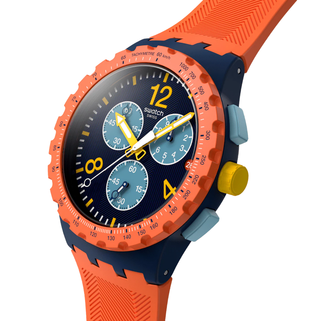 Swatch Bioceramic Chrono SUSI400 Camo Flash – Vista frontale con cinturino alternativo – SWATCH