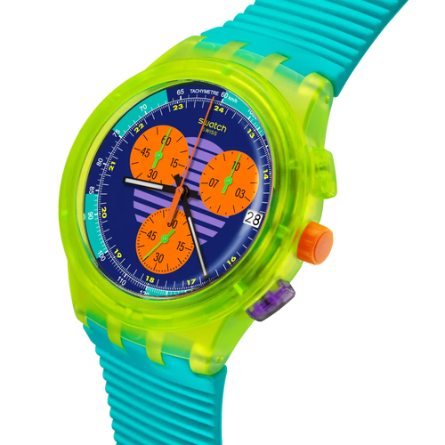 Quadrante multicolore Swatch Neon Wave SUSJ404 – Scala tachimetrica, lancette fosforescenti e secondi arancione – SWATCH