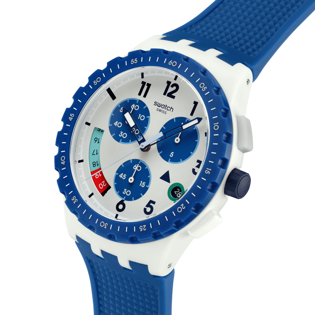 Swatch SUSM409 – Vista laterale – Cassa bianca con lunetta blu e pulsanti azzurri