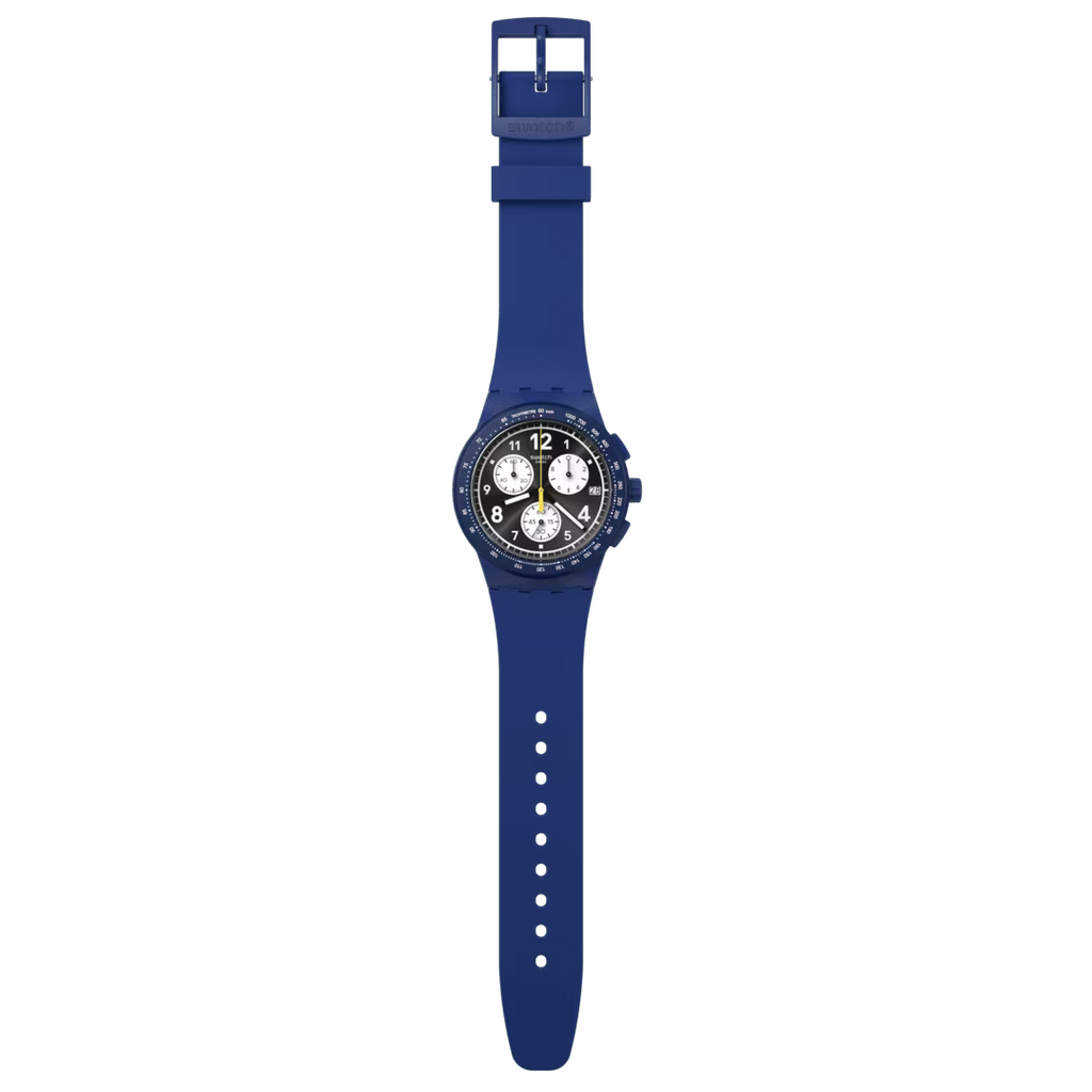 Swatch Bioceramic Chrono SUSN418 Nothing Basic About Blue – Cronografo blu navy, vista frontale su sfondo bianco – CICCO Gioielleria